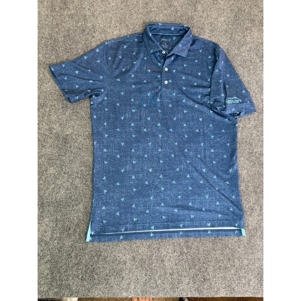 Johnnie-O Golf Polo Shirt Mens Blue Shaka PrintedStretch Size M -W/Golf ClubLogo